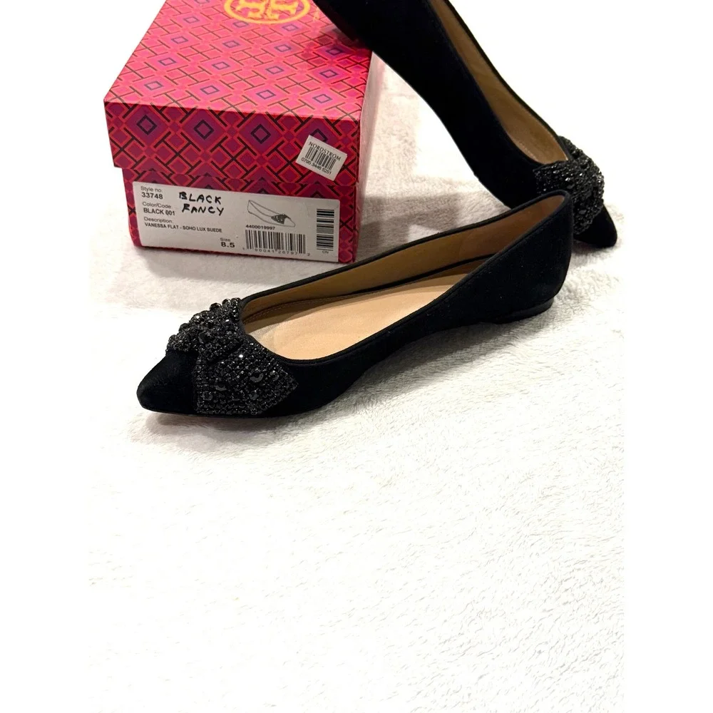Tory Burch Vanessa Flat Soho Lux Suede Black Crystal Bow Pointed Toe Shoes 8.5